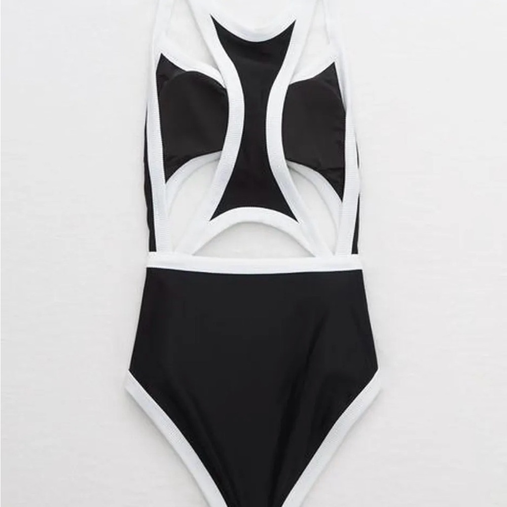Aerie Pop Cut Out One Piece Black and White Swimsuit Size Medium Long - Picture 2 of 5